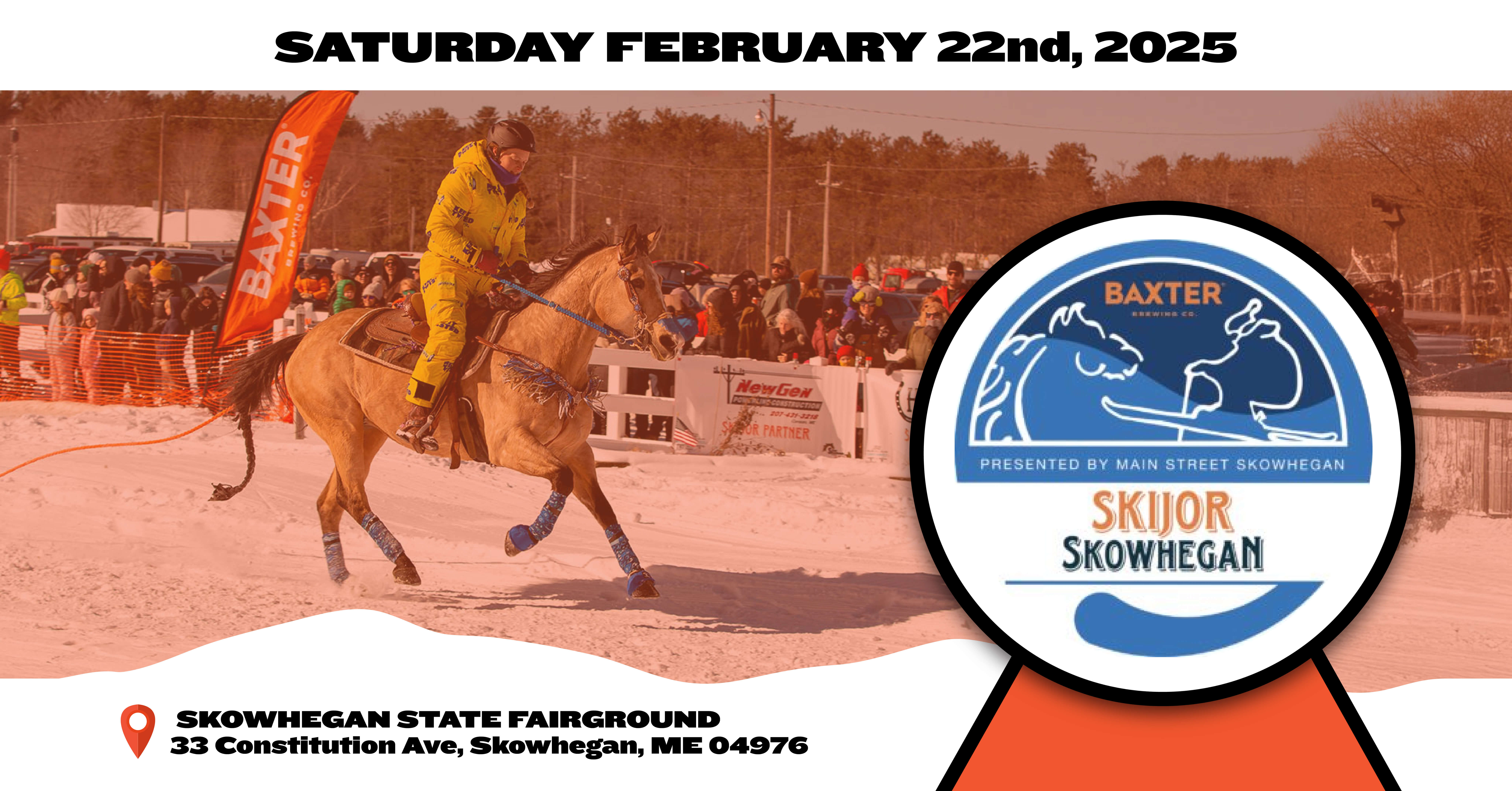 image promoting Skijor Skowhegan presented by Baxter Brewing Co. on February 22nd at the Skowhegan Fair grounds