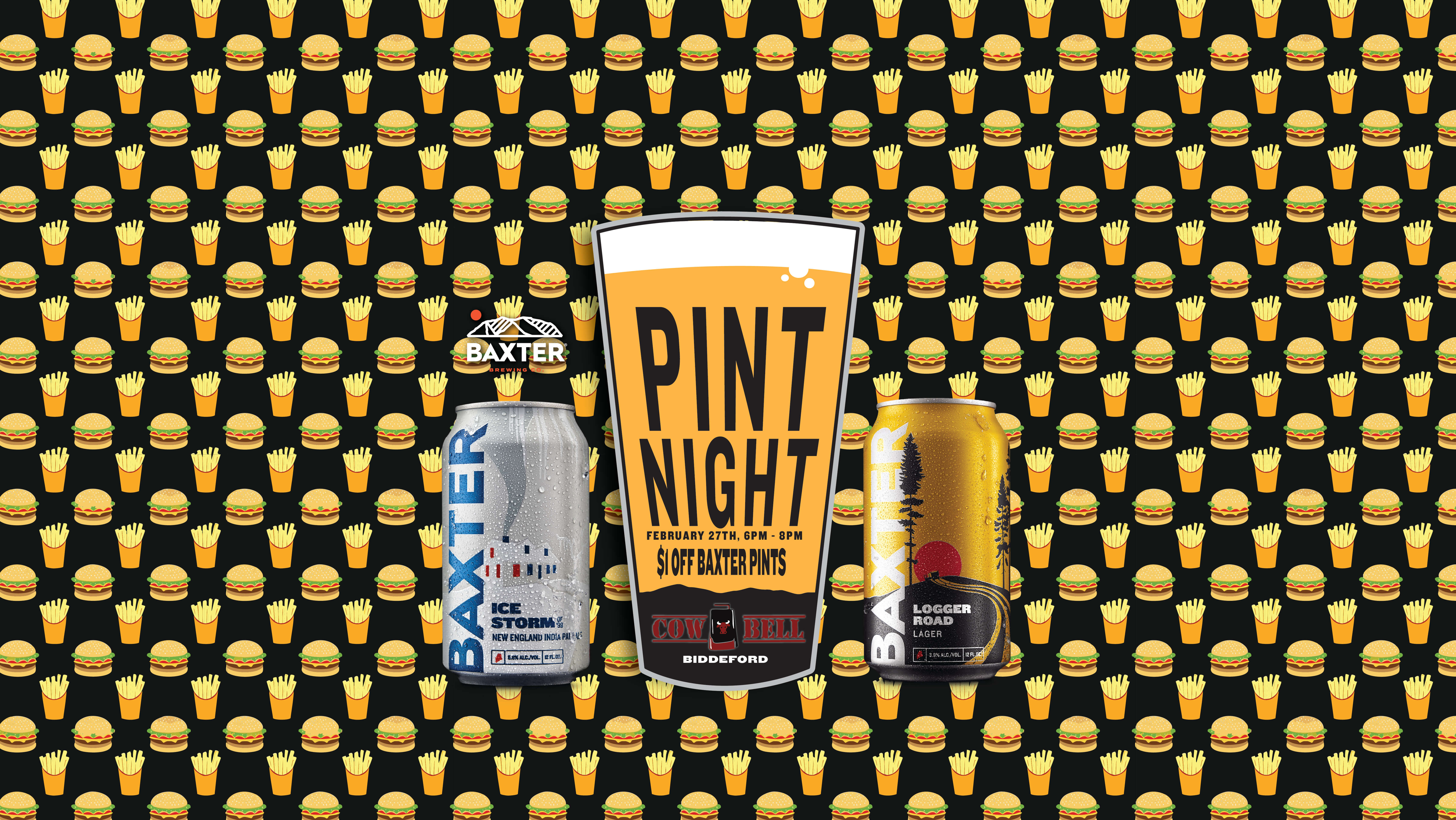 image promoting a pint night on February 27th from 6pm to 8pm at Cowbell Biddeford