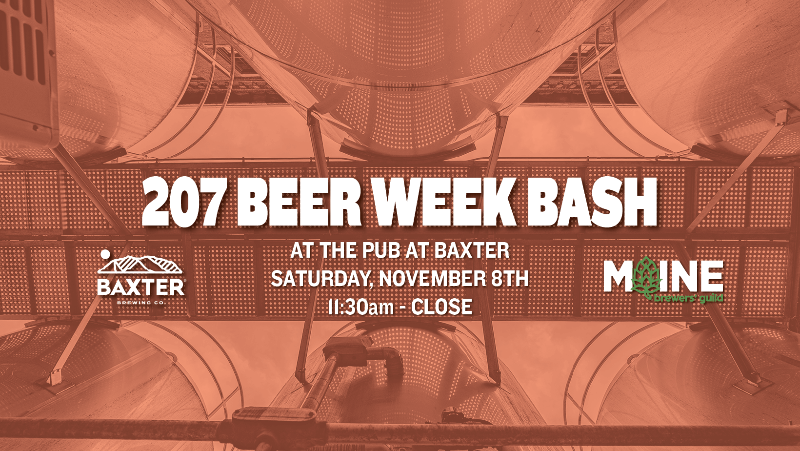 image promoting a 207 Beer Week Bash at The Pub at Baxter on Saturday, November 8th. The event is running all day and teaming up with the Maine Brewers Guild.