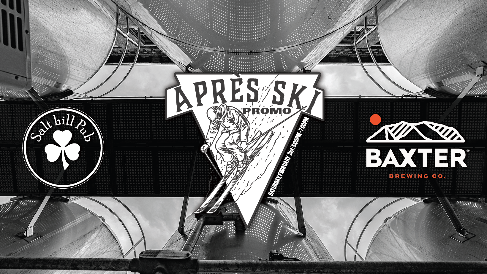 image promoting an apres ski promo by baxter brewing at the Salt hill pub on February 21st.
