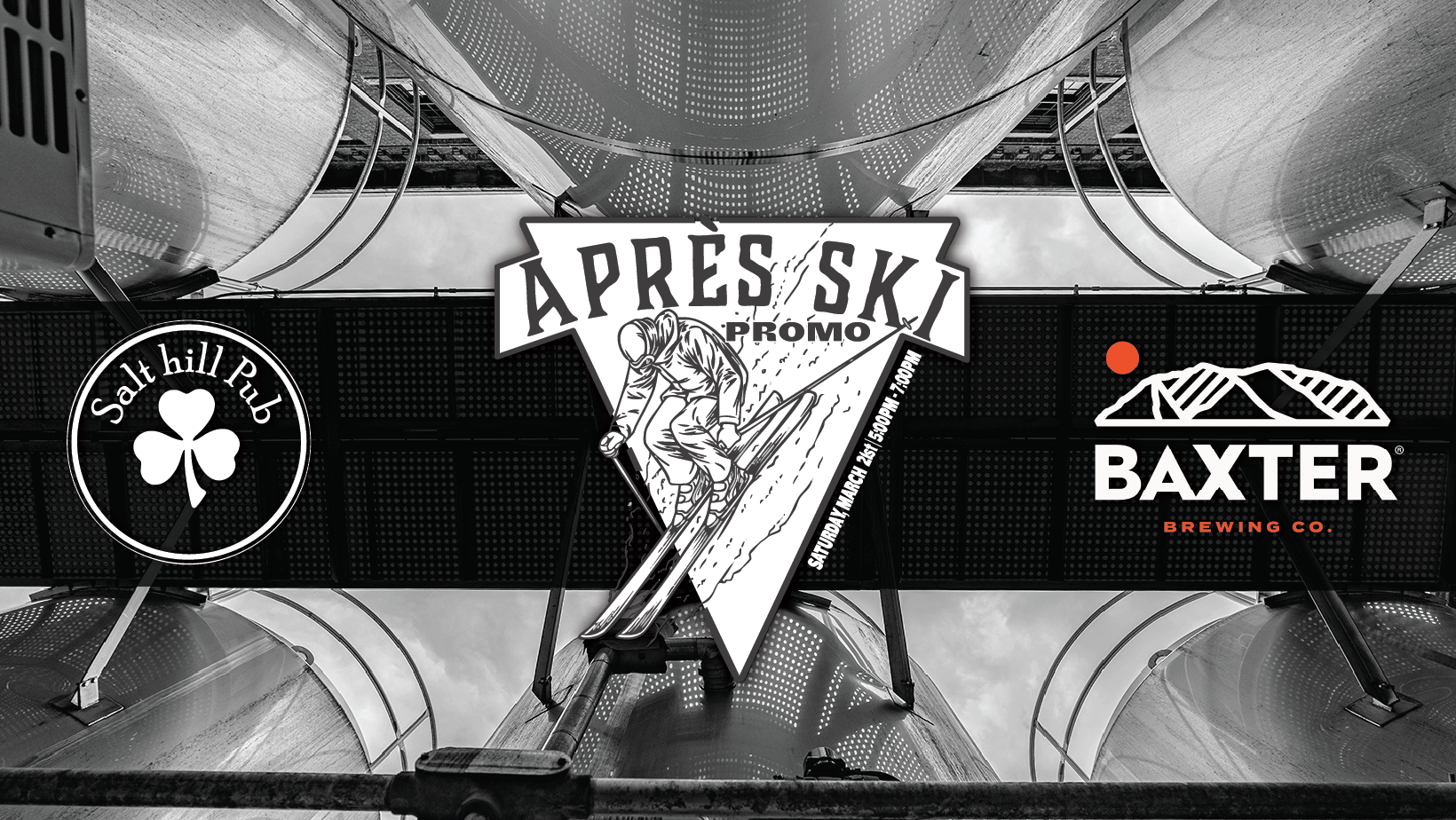 image promoting an apres ski promo at salt hill shanty on March 21st by baxter brewing
