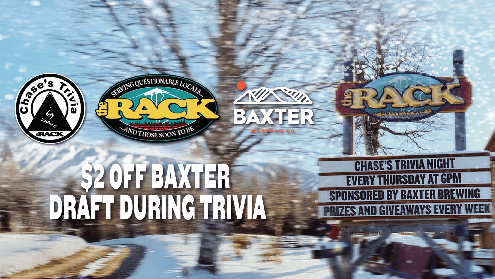 image promoting Chase's Trivia every Thursday at The Rack, sponsored by Baxter Brewing.