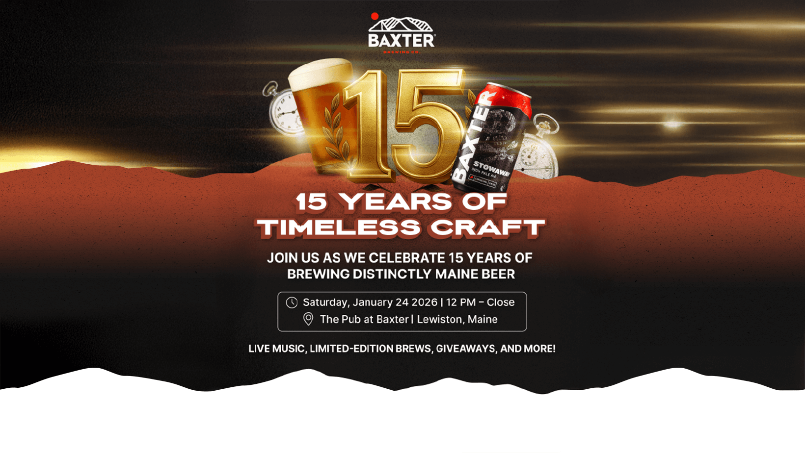 image promoting Baxter Brewing's 15th Year Anniversary Party. Happening January 24th, 2026