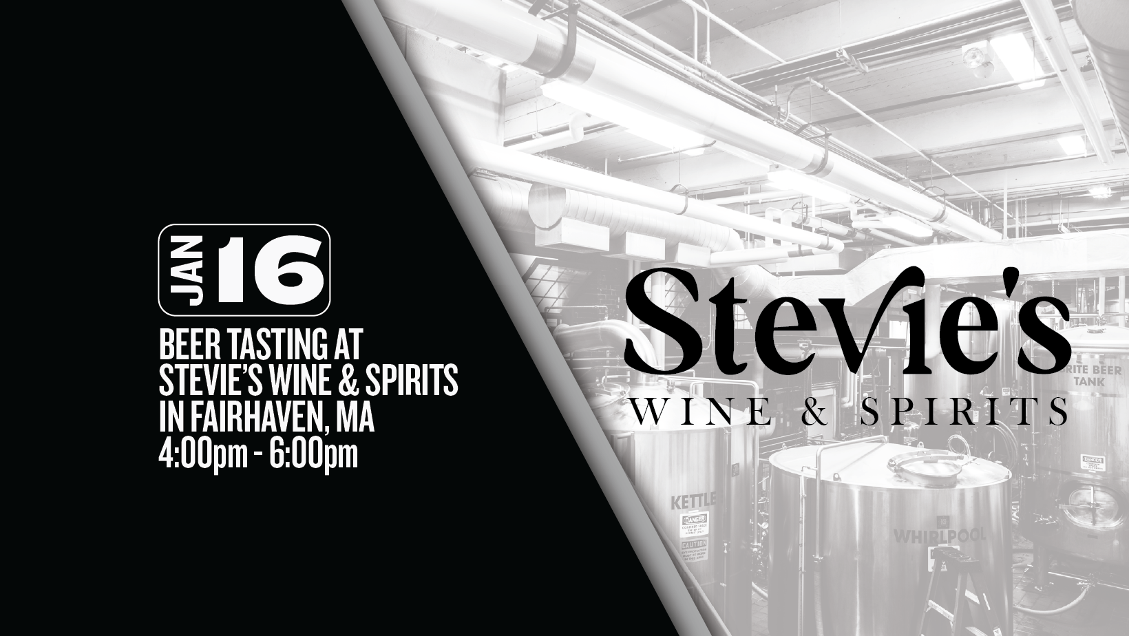 image promoting a baxter brewing sampling at Stevie's Wine & Spirits in Fairhaven Massachusetts on January 16th.