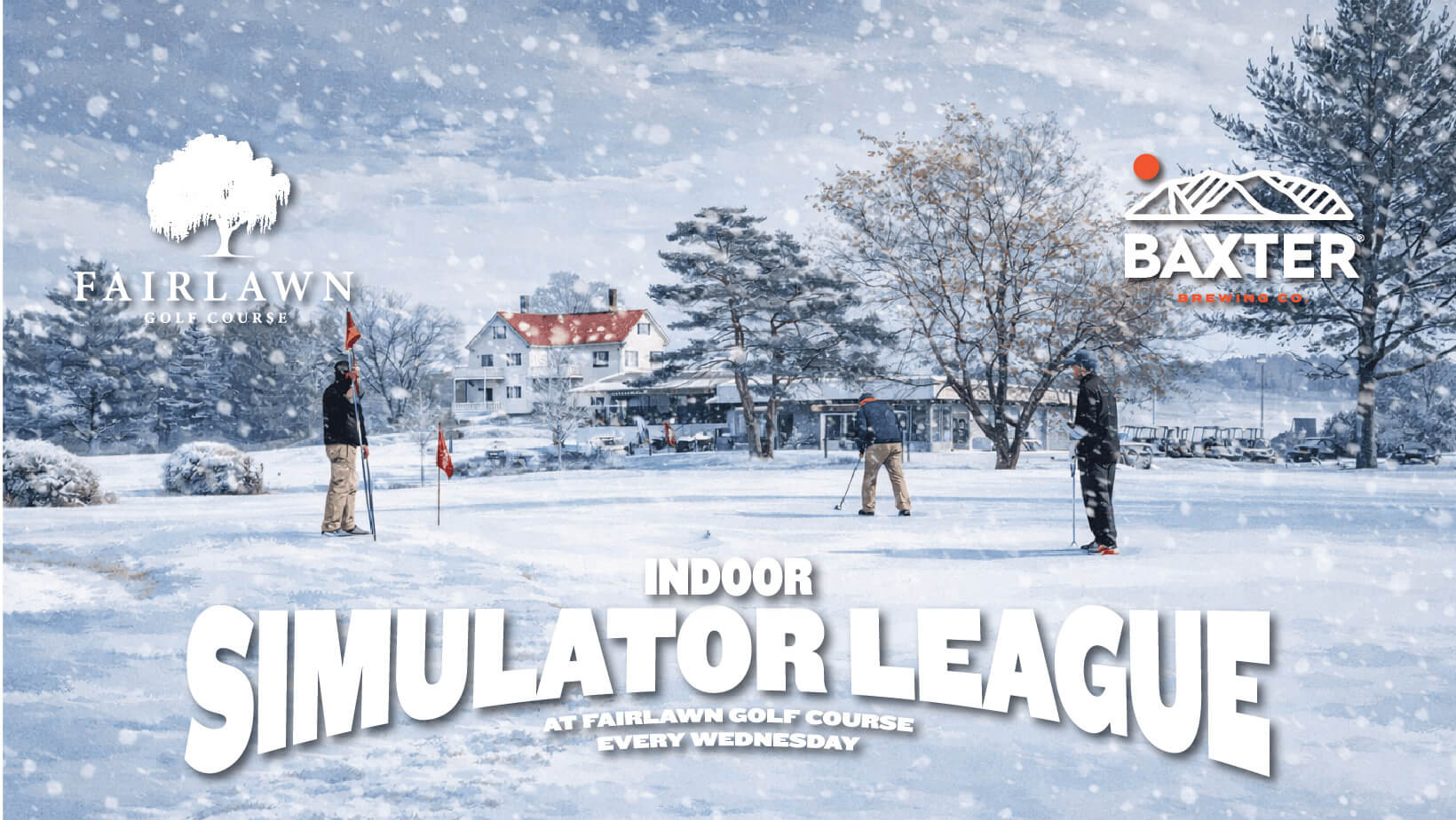 image promoting a indoor golf simulator league at Fairlawn Golf Couse.