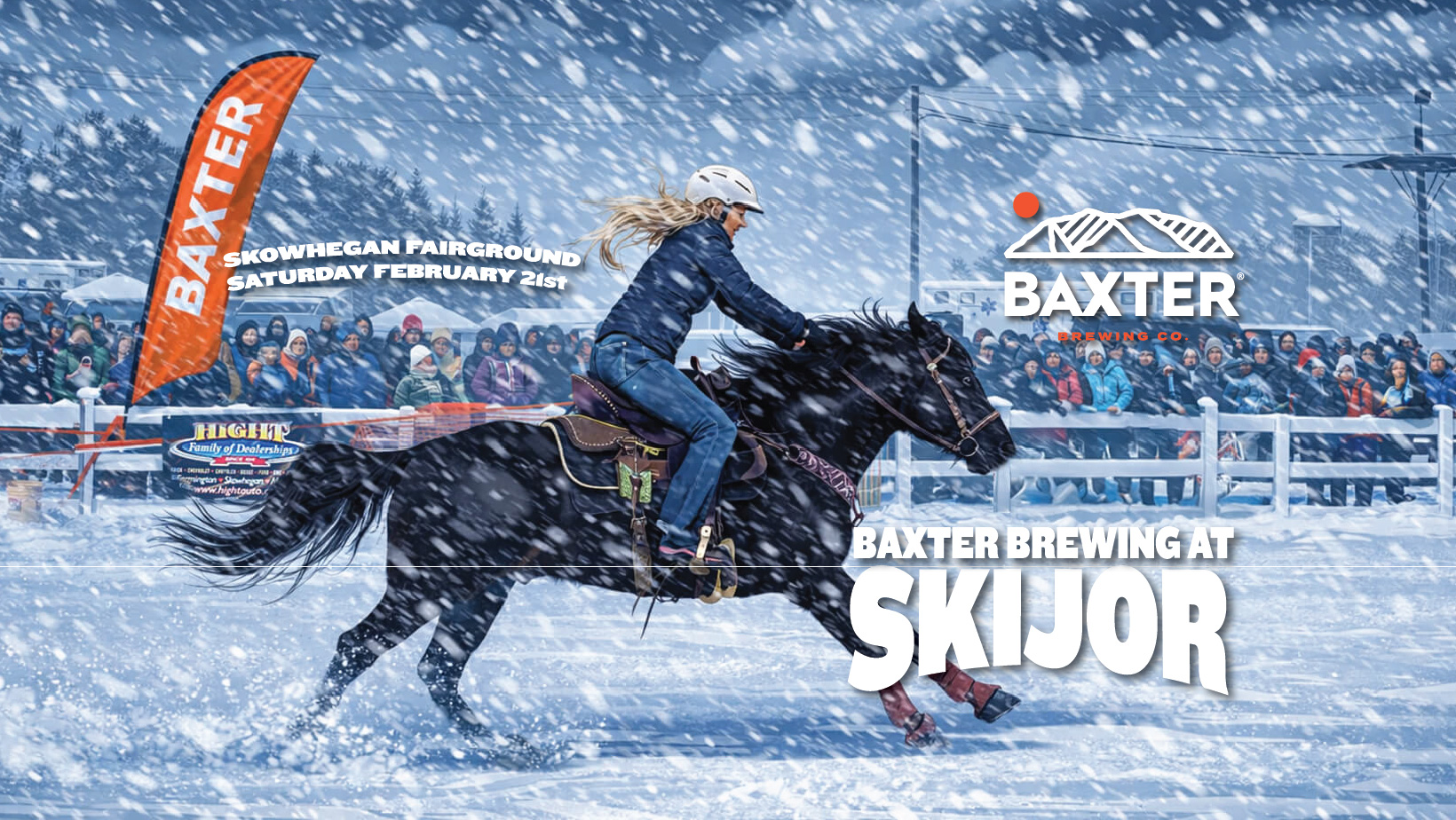 image promoting Skijor Skowhegan presented by Baxter Brewing Company. The event is at the Skowhegan Fairground on Saturday February 21st.