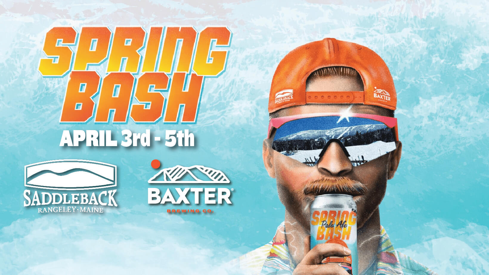 image promoting Spring Bash weekend at Saddleback Mountain in Maine. Featuring baxter brewing all weekend long.