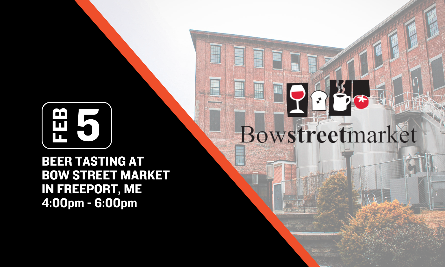 Image promoting baxter brewing sampling at bow street market in freeport from 4-6 on february 5th