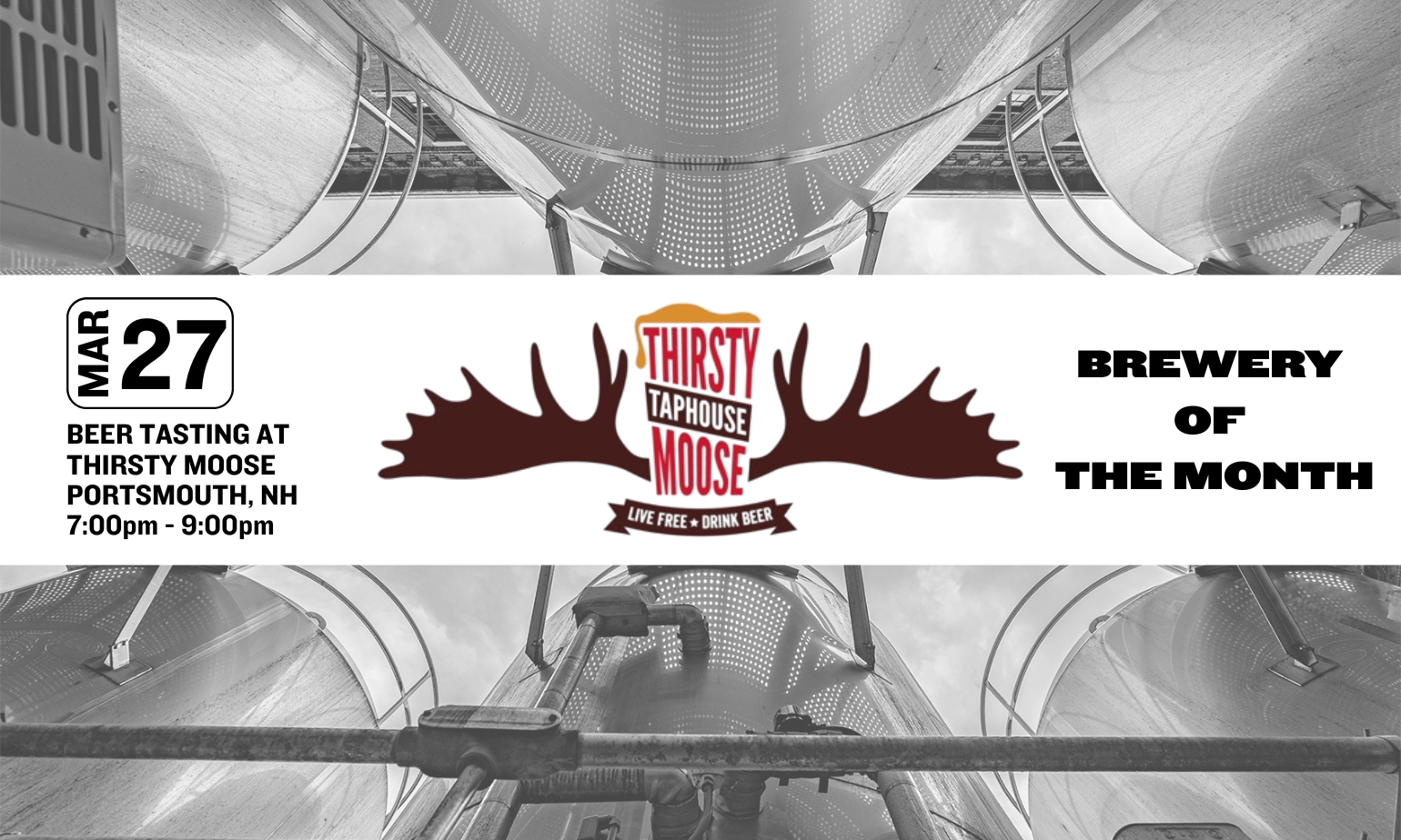 Image promoting baxter sampling at thirsty moose in portsmouth nh on march 27th