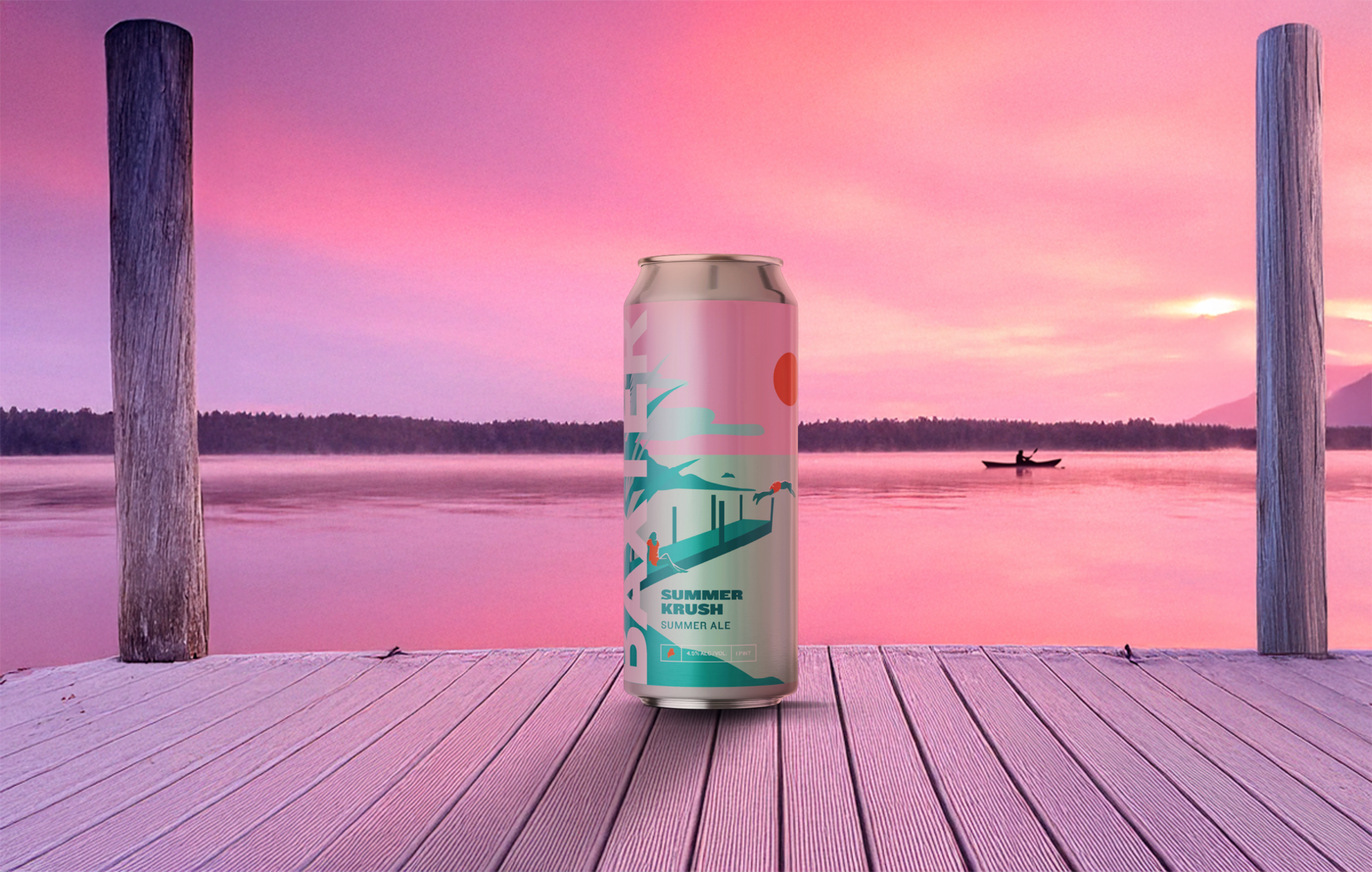can of summer krush on the dock with a beautiful sunset