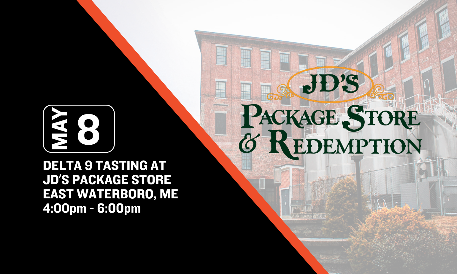 Image promoting baxter brewing delta 9 sampling at jd's package store on may 8th from 4-6pm