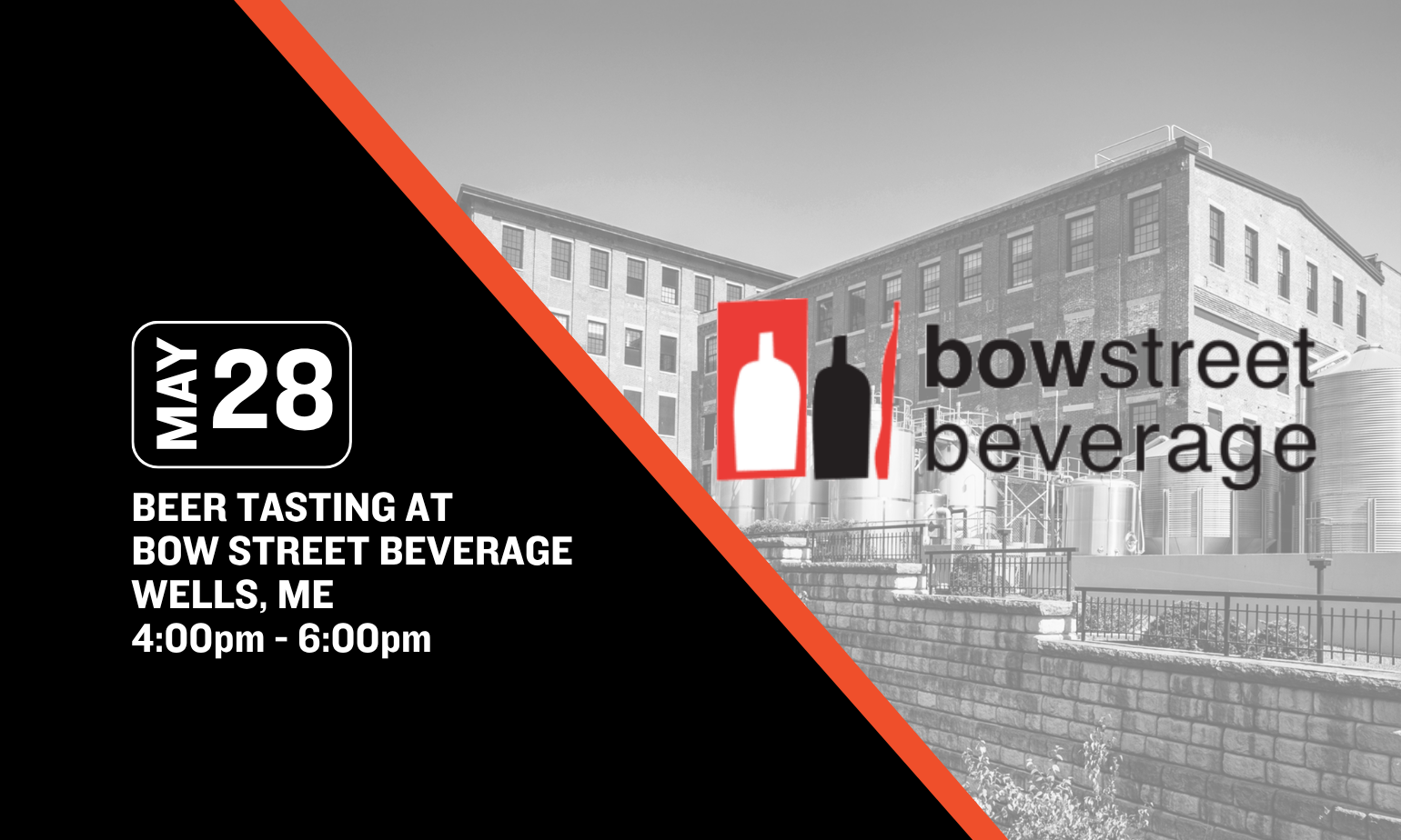 Image promoting baxter brewing sampling at bow street beverage in wells, me on may 28th from 4-6pm