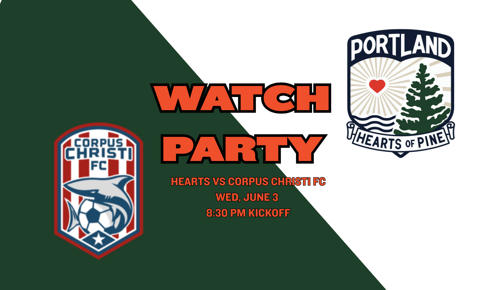 Image promoting hearts of pine watch party on wednesday june 3. kickoff 8:30 pm
