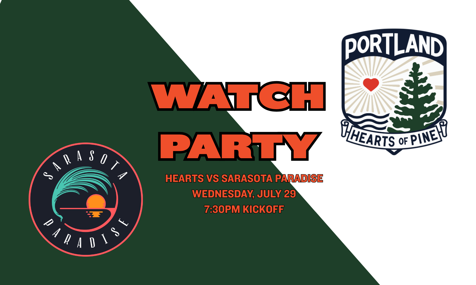 image promoting hearts of pine watch party at the pub on wednesday, july 29th. kickoff 7:30pm