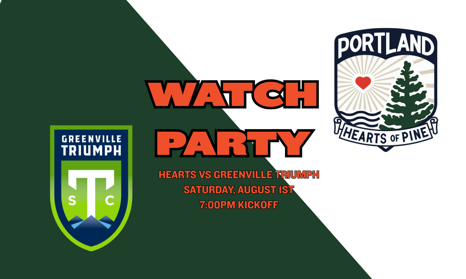 image promoting hearts of pine watch party at the pub on saturday, august 1st. kickoff 7:00pm