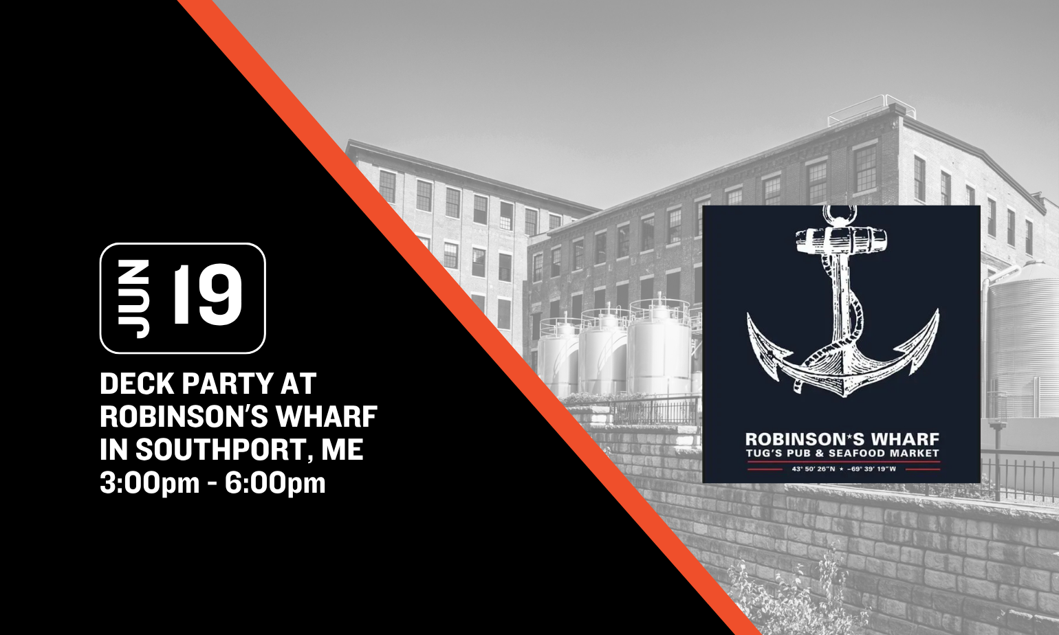 Image promoting a deck party at robinson's wharf on june 19th from 3-6pm