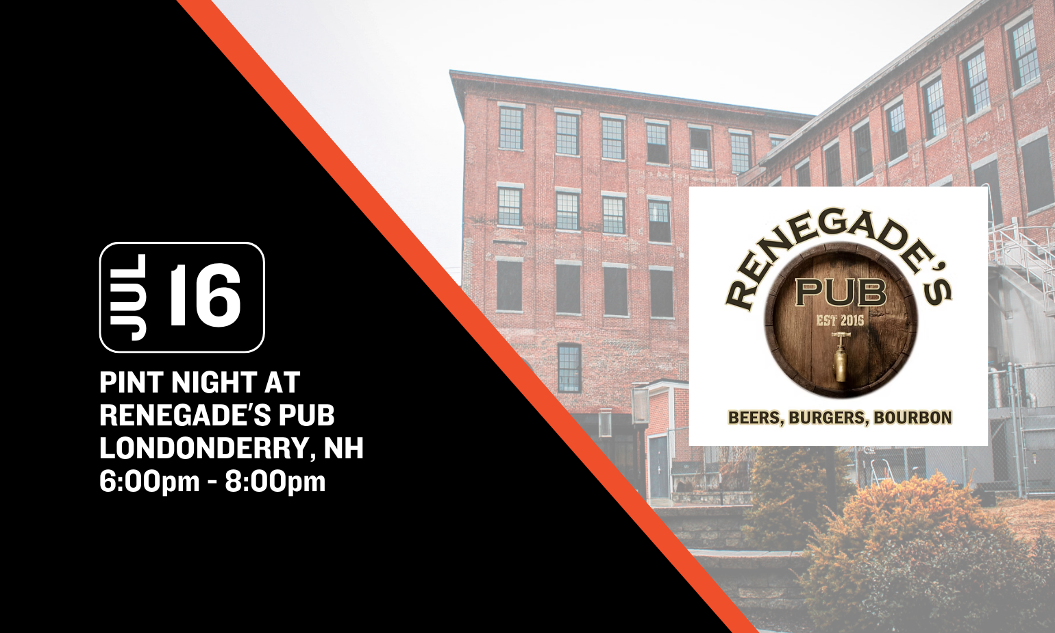 Image promoting a baxter pint night at renegade's pub on july 16th from 6-8pm