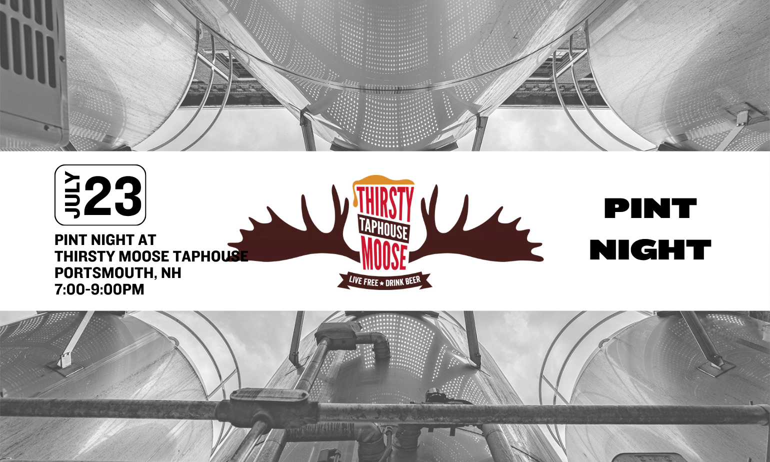 image promoting a pint night at thirsty moose in portsmouth nh on july 23rd from 7-9pm
