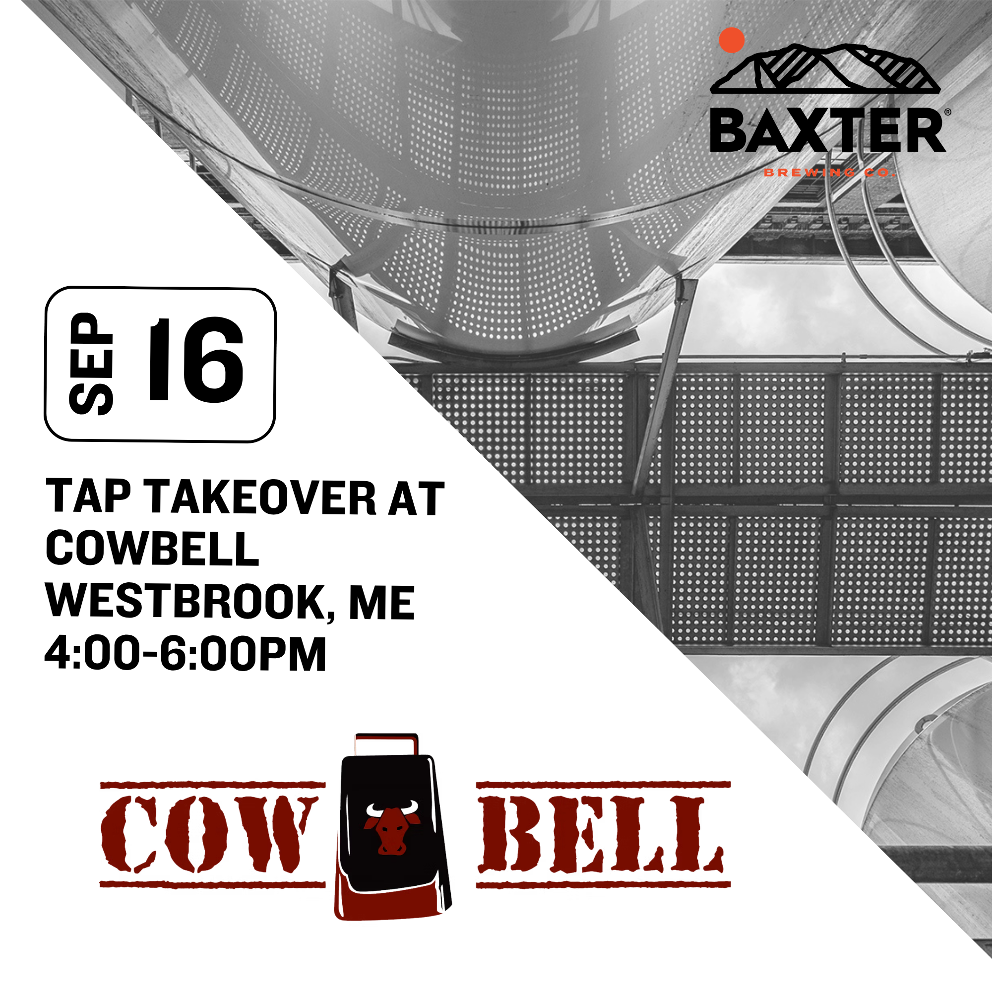 image promoting a baxter tap takeover at cowbell in westbrook maine on wednesday september 16 from 4-6