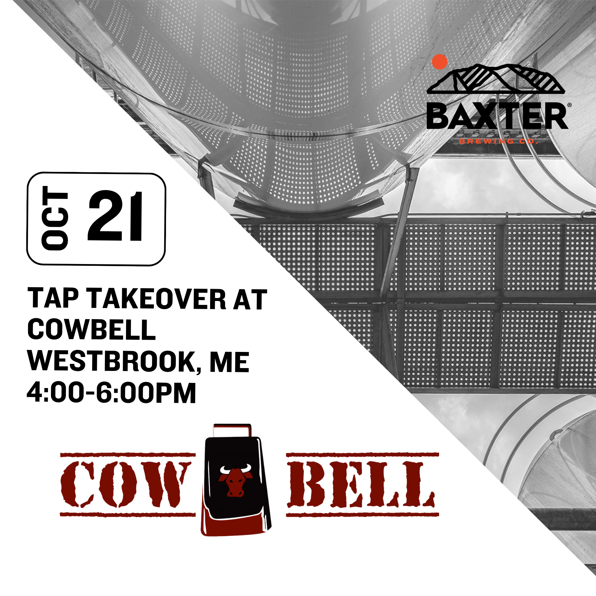 Image promoting a baxter tap takeover at cowbell in westbrook maine on wednesday october 21 from 4-6pm